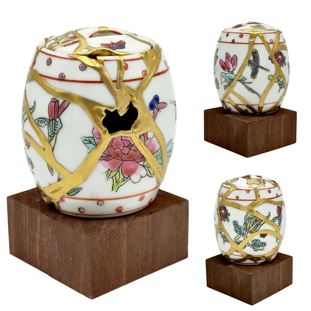 Kintsugi Porcelain Ginger Jar Chinese Famille Gold Crack Art Growth Gift